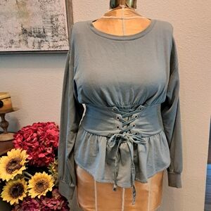 Express Gray Knit Top Long Sleeve Belted Waist - SM - EUC